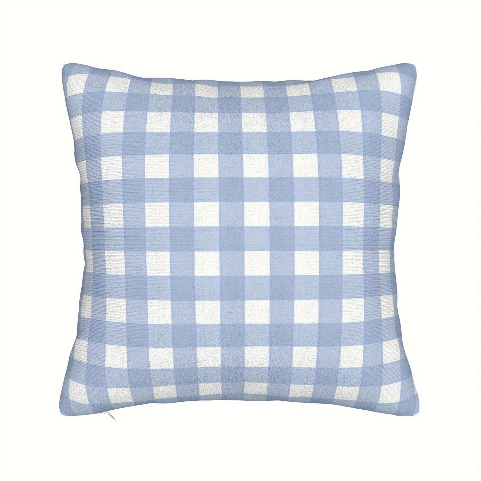 TEMU 1pc Sky Blue& White Gingham Check Decorative Pillow Cover- Soft Durable Hand Washing Zipper Closure, No Insert Included, Checkered Pattern For