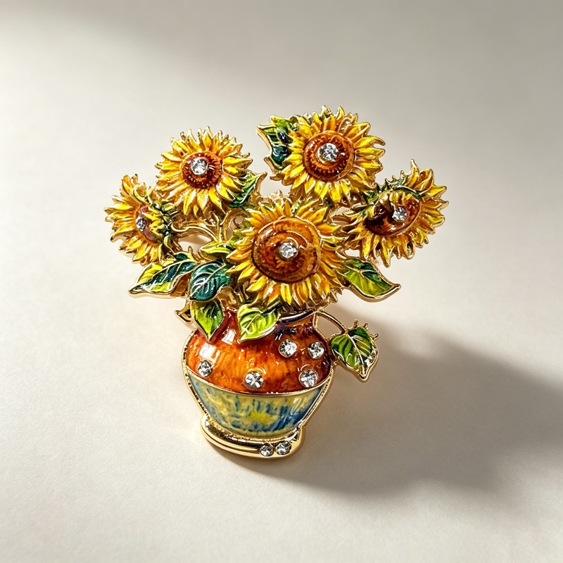 TEMU Potted Sunflower Crystal Brooch, Golden Outline 3d Flower Pin, Art Lover Accessory For Dress Scarf Backpack