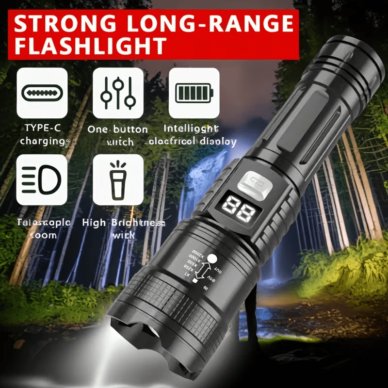 LED Portable Tactical Flashlight with Adjustable Beam and Rechargeable Battery