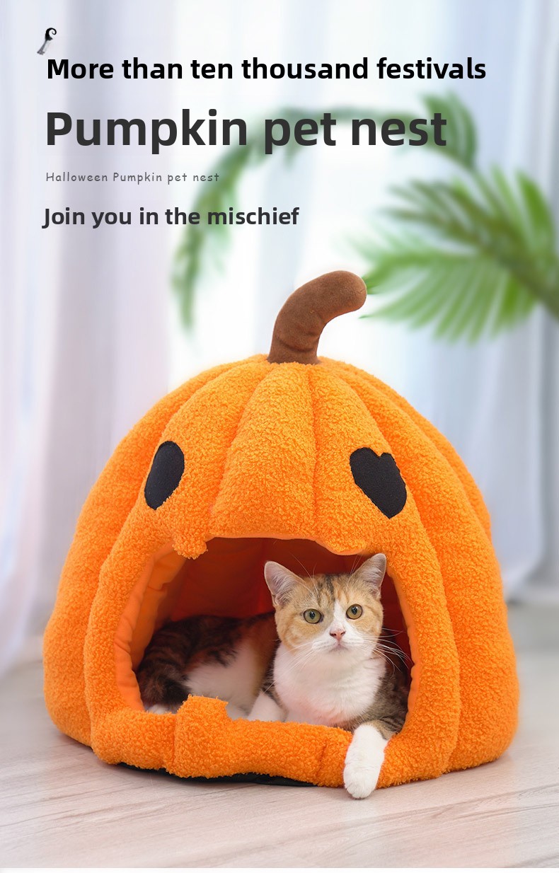 for halloween pumpkin pet nest orange plush soft fabric dome shaped enclosed pet bed with carved eyes and brown stem cozy hiding spot for small for halloween themed festive additions for indoor for halloween celebrati Product details 0