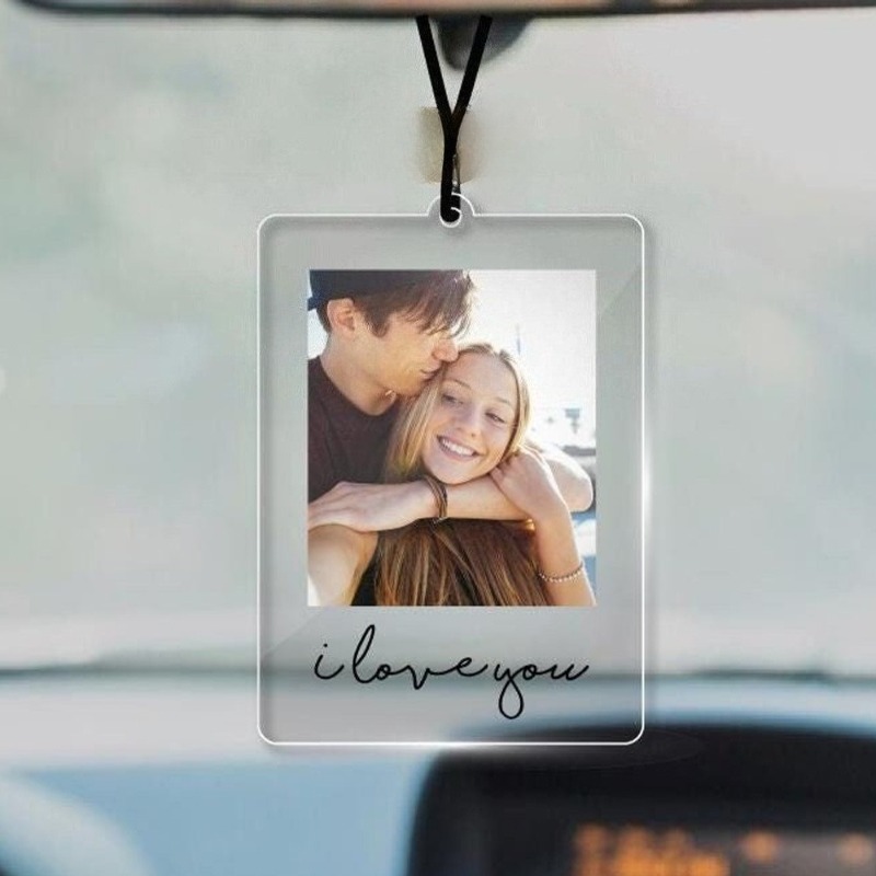 TEMU 2d Flat, Personalized Photo Car Mirror Hanging Decoration - Custom Photo & Text (e.g. Names, Dates) - Compatible With Rearview Mirror - Wedding,