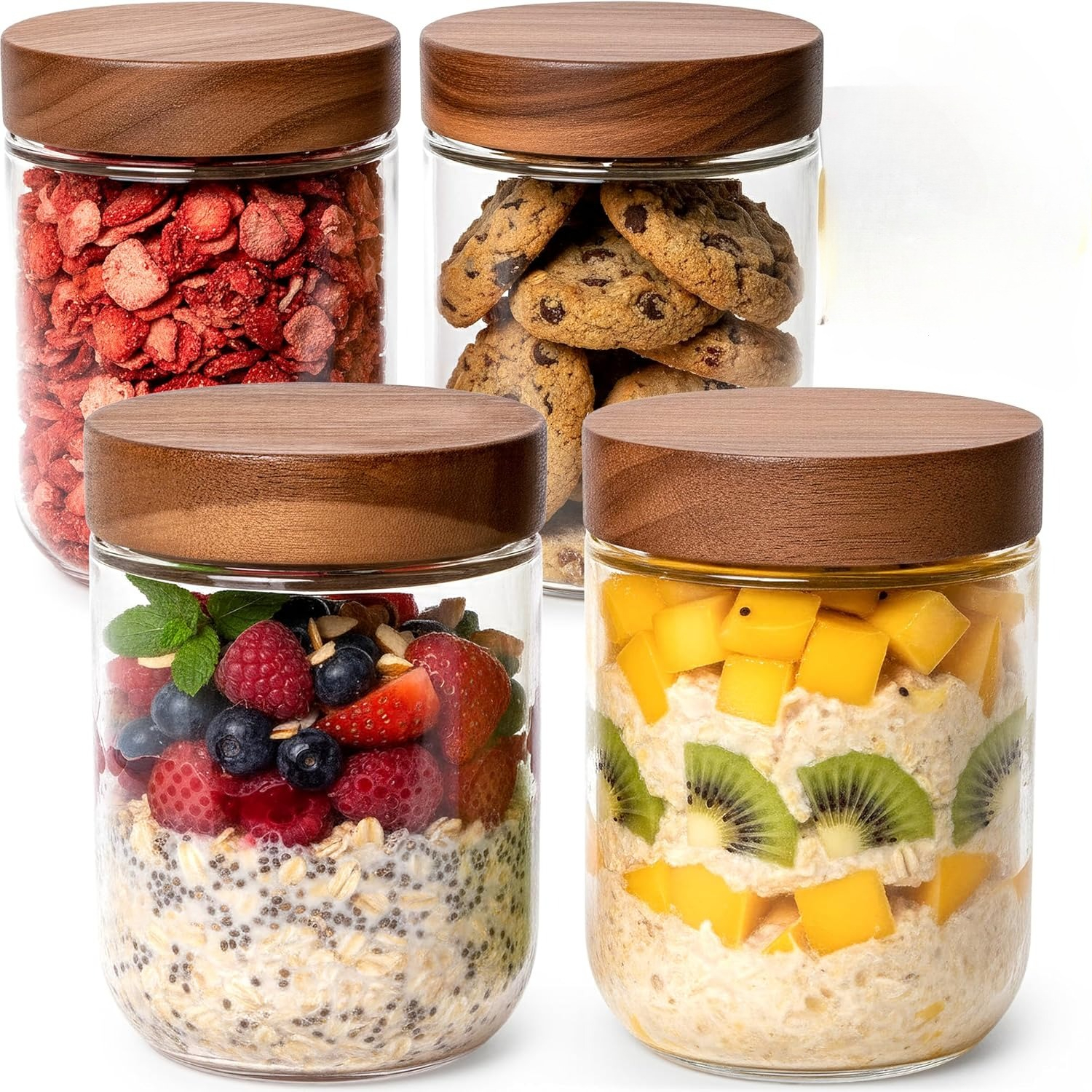 Image of Overnight Oats Containers With Lids Acacia (2/4 X 16oz) Glass Jars For Oatmeal, Meal Prep, Food Storage | Leak-proof Mason Jars For Oats, Cereal, Yogurt, Chia Pudding [thicker Glass 3mm]