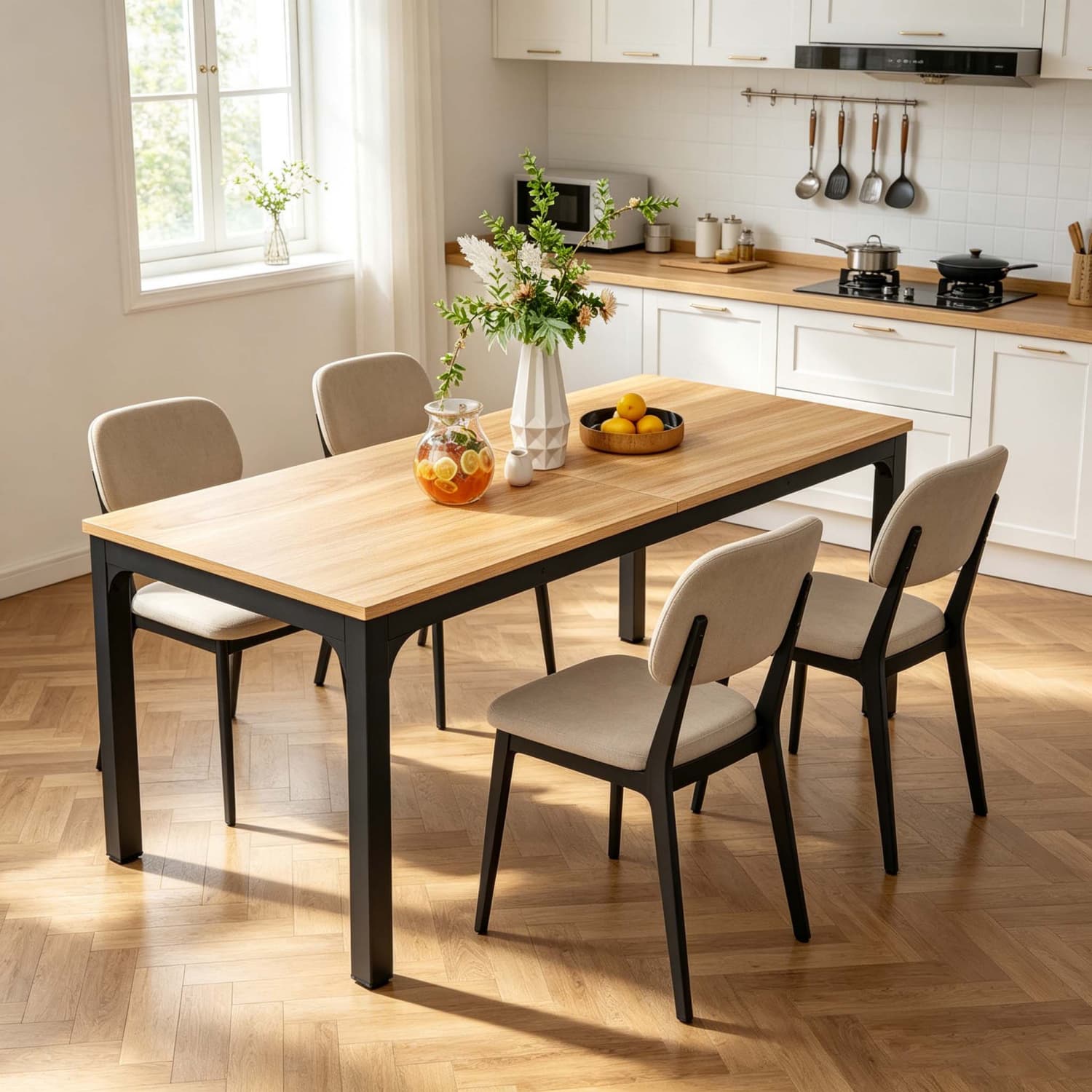 200cm Rectangle Wood Dining Table, Industrial Style, Long Rustic Dinner Table With Heavy Duty Metal Legs, For 8 People, Only Table