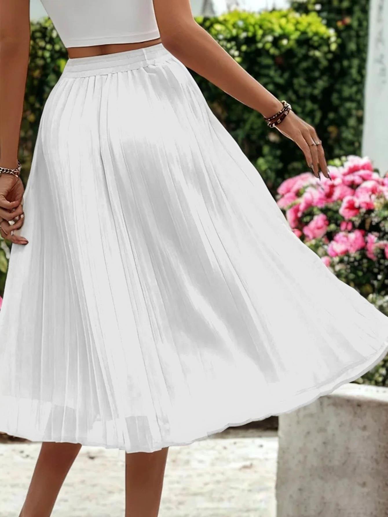chic elegant pure elastic waist pleated midi dress idea to   all match woman clothes white 2