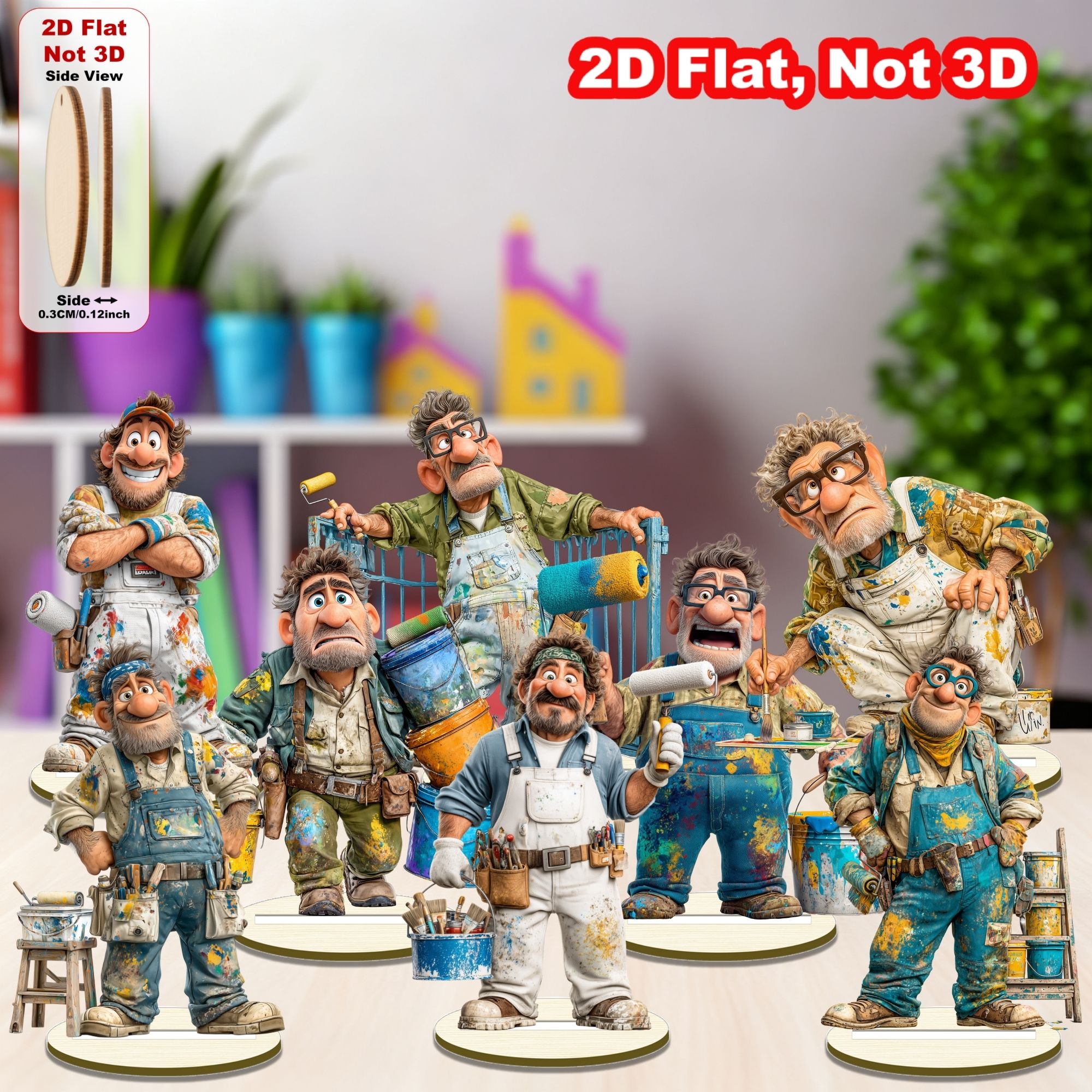 TEMU 2d Flat, 4/8pcs Funny Male Painter Wooden Figurines, Whimsical Tabletop Centerpieces For Desk & Shelf, Artist With Beret & Palette, Ideal