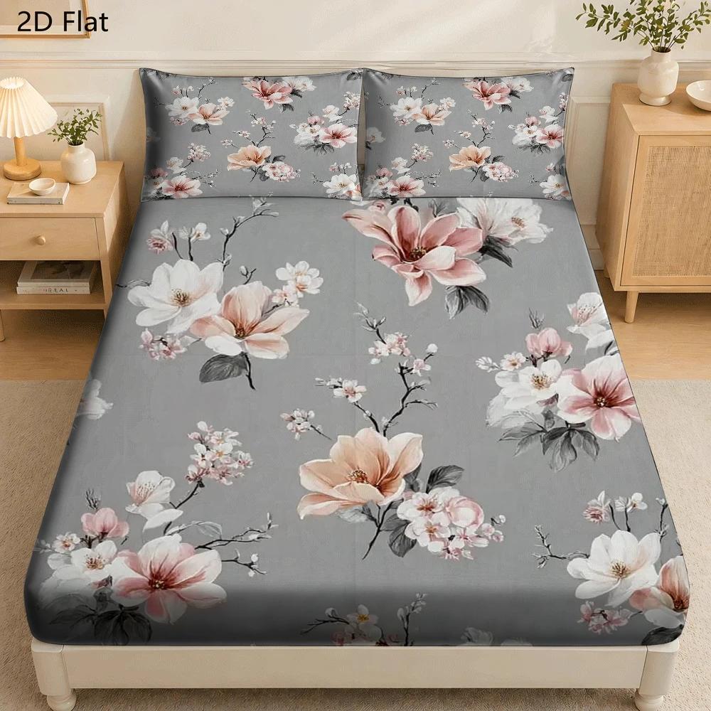 TEMU 3pcs Mattress Protector Set, 1pc Fitted Sheet And 2pcs Pillowcases (filling Not Included), Pink Petal Theme, Watercolor Style, Use, Machine