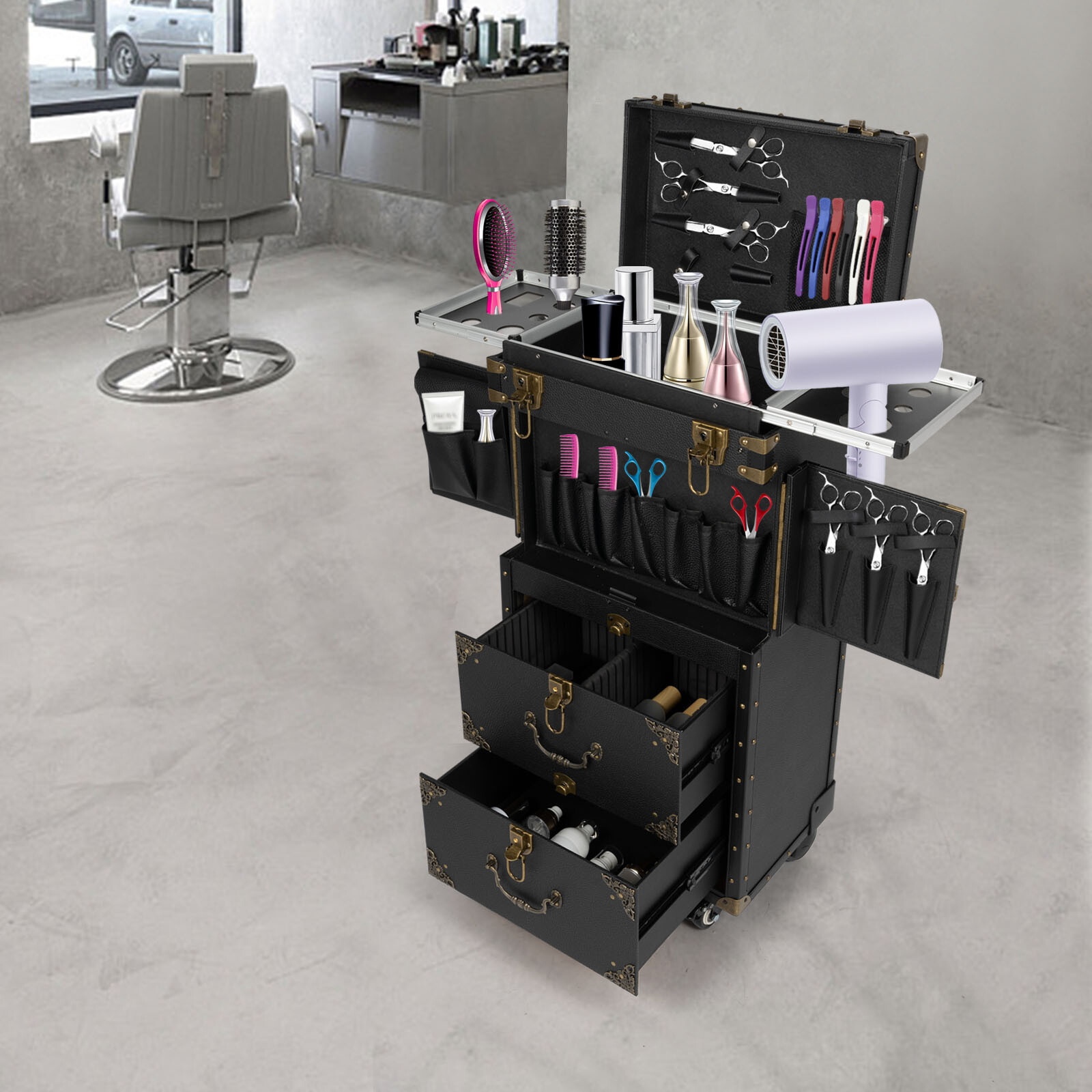 TEMU Équipement de spa de beauté, système de rangement pour centre de spa, valise à cheveux roulante vintage à 3 niveaux pour salons de beauté et