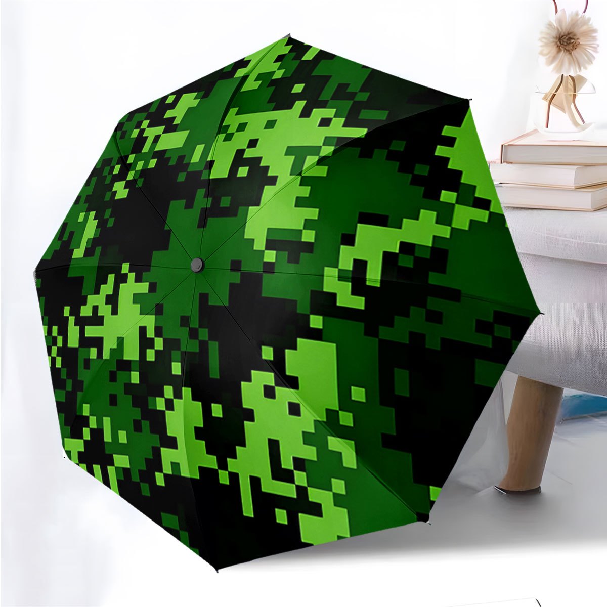 Green Pixelated Camouflage Pattern Automatic Folding Umbrella. It Features A Portable Collapsible Design, Making It A Casual Outdoor Accessory, Perfect For Christmas