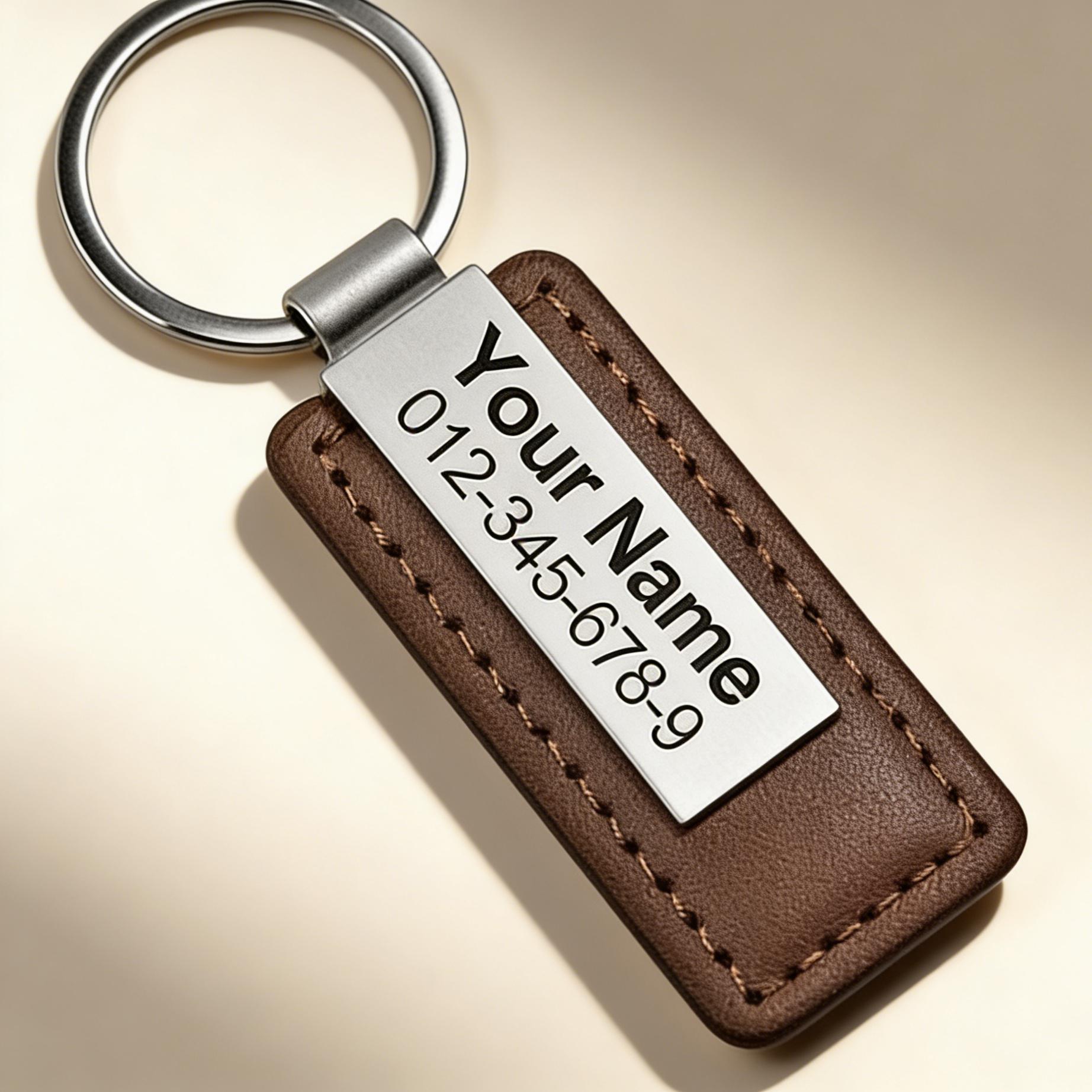 TEMU Llavero de PU grabado con tarjeta de identificación de acero inoxidable - Personalizable con y número de teléfono, llavero para hombre, regalo