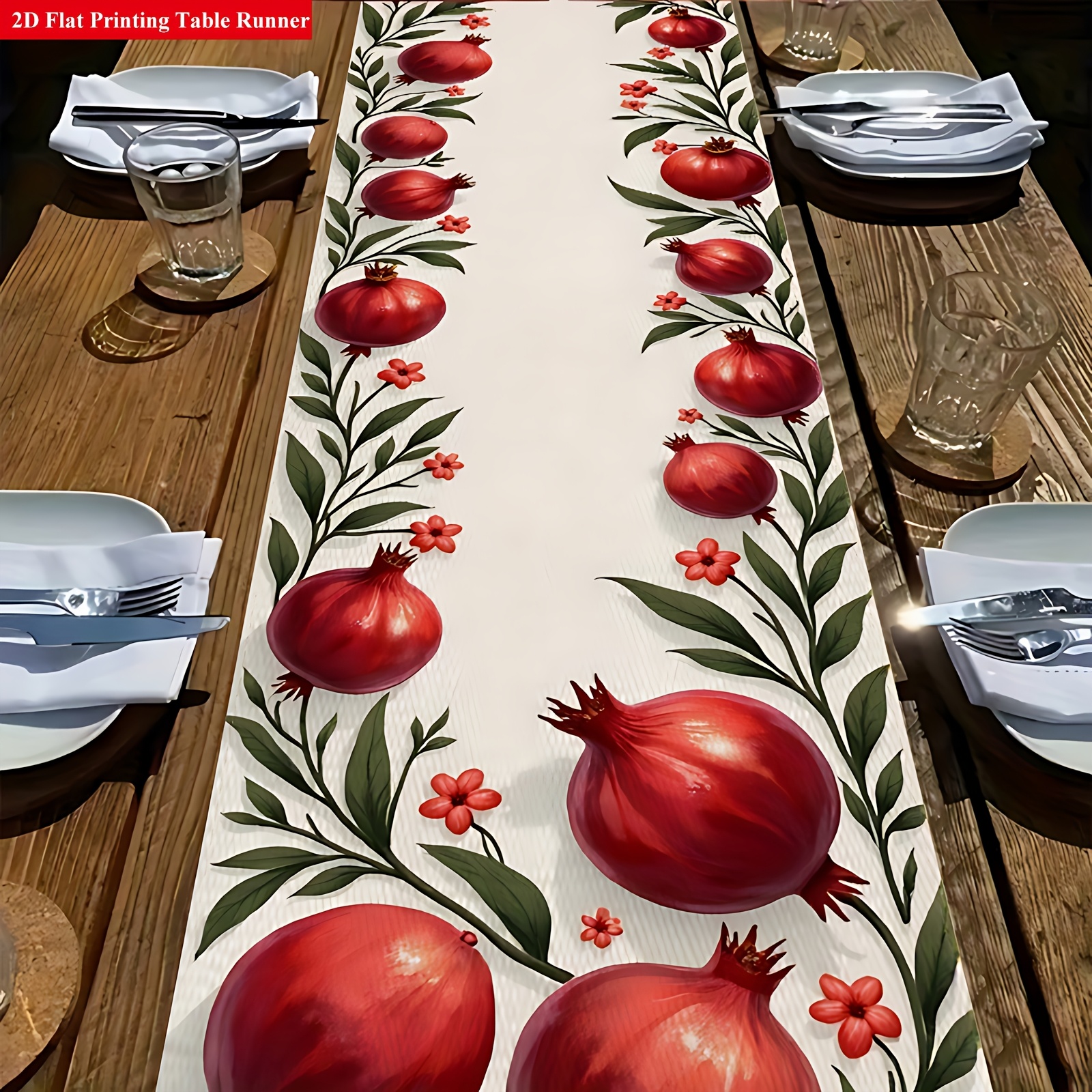 TEMU Single-piece And Floral Tablecloth - Vibrant Red Jujubes With Green Leaves A Harvest, Perfect For Hashanah, Home, Kitchen, Or Dining Room Decor,