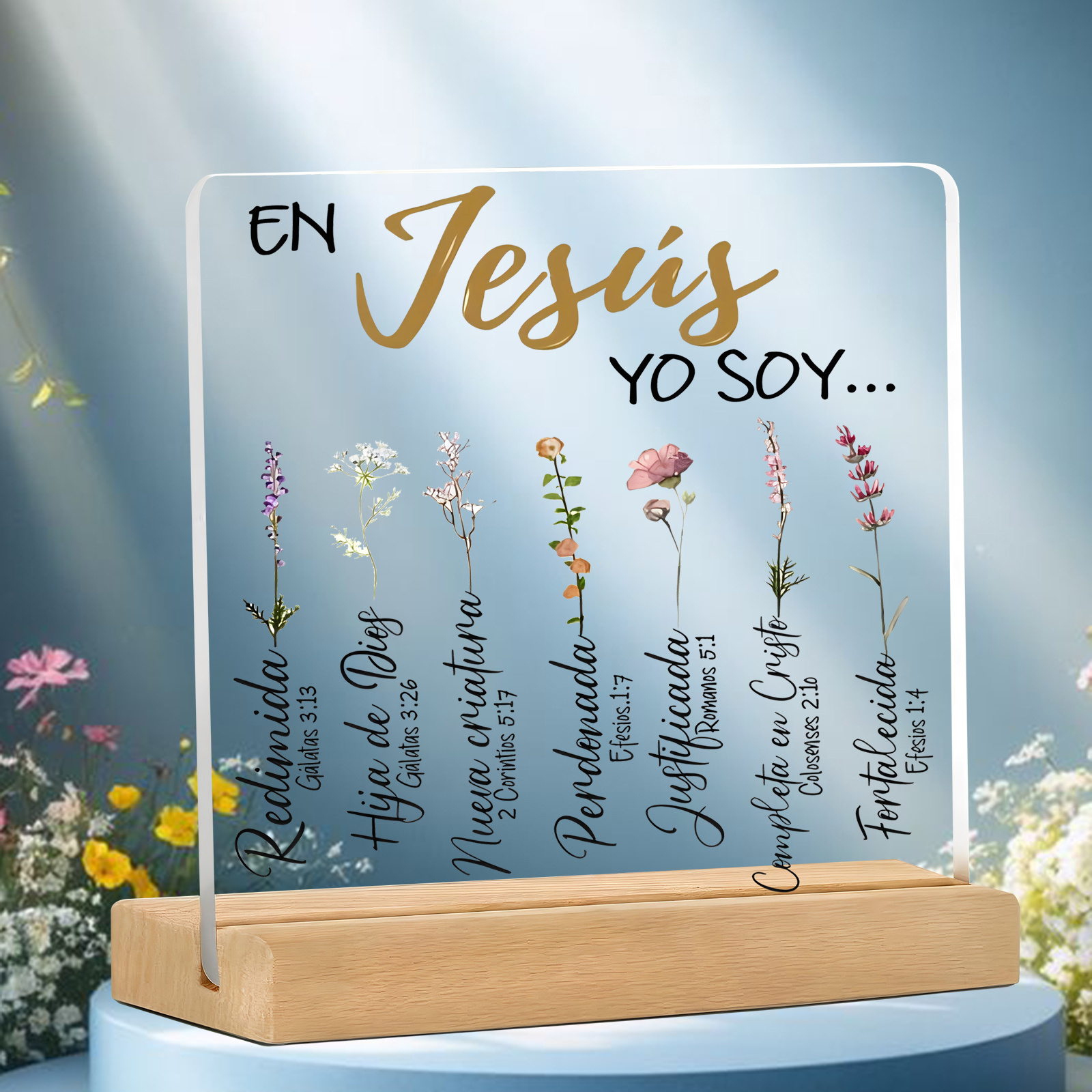 TEMU 2d Flat, 1pc "in Jesus I Am" Floral Christian Acrylic Desk Plaque With Wooden Base, Spanish Bible Verses & Watercolor Flowers Decor, Perfect