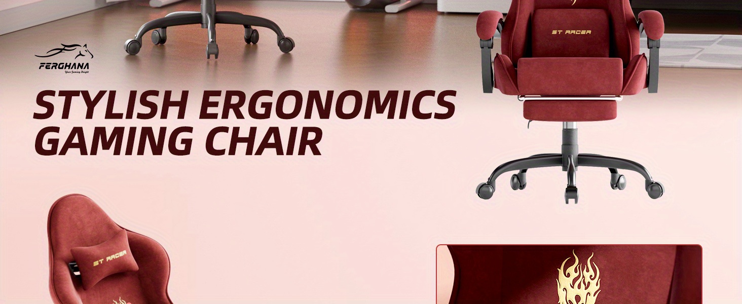 STRACER Velvet Upholstered Gaming Chair Featuring a Footrest, High Back Design, Ergonomic Support for Gamers, Includes Headrest And Massage Lumbar Pillow, Racing Style Reclining Video Game Chair