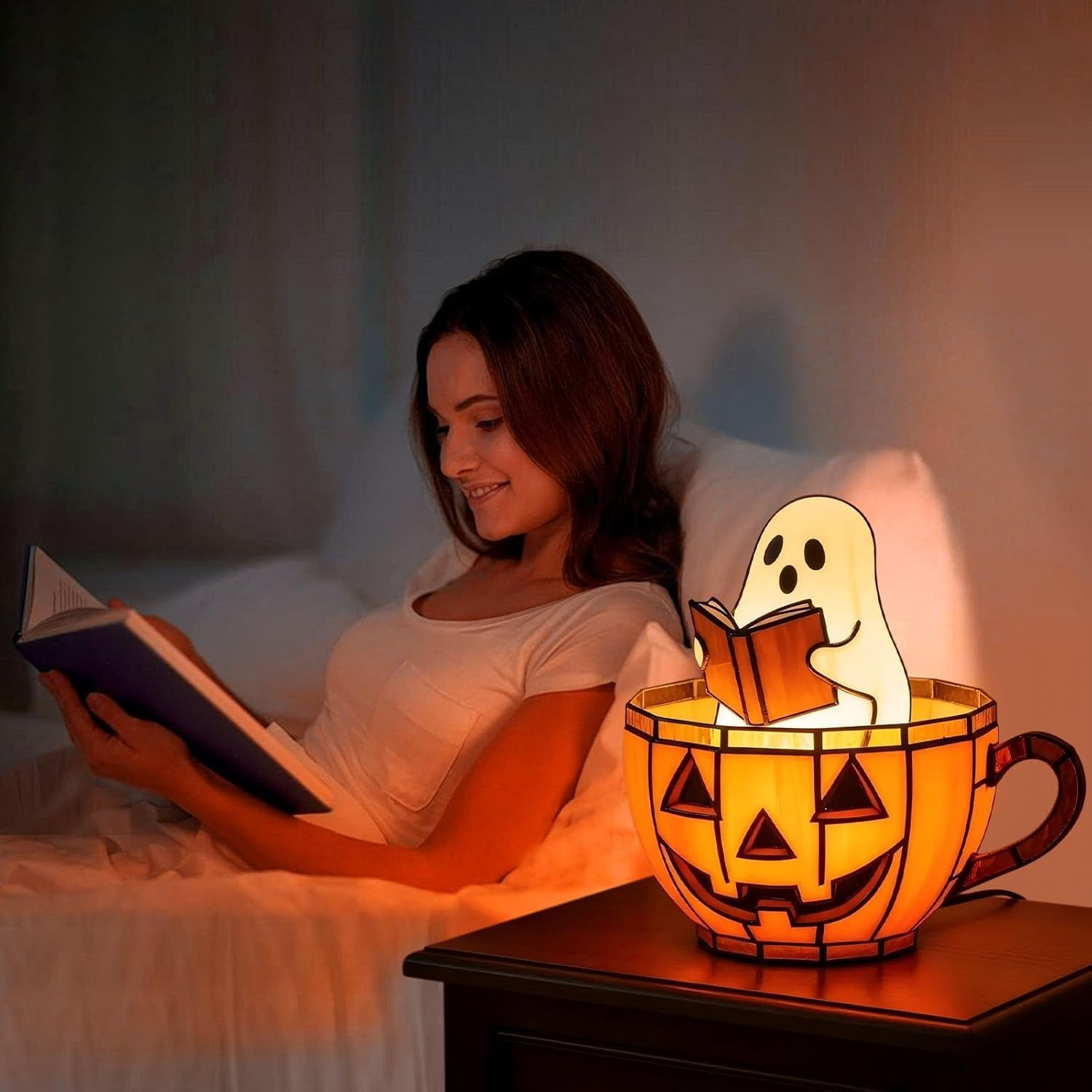 reading book lamp handmade halloween ghosts reading night light up adorable reading night light halloween decor flickering night light for readers book lover bedtime lamp study lamp whimsical lighting cute decor lightweight design plastic lamp decorative lamp touch control lamp room decor halloween enthusiasts Product details 0