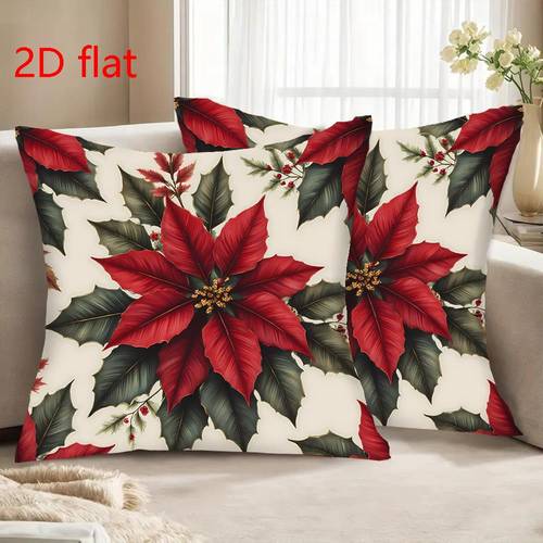 2d flat set of 2 flat short plush pillow covers measuring 18x18 inches featuring a holiday with red poinsettias and greenery ideal for decorating your bedroom sofa