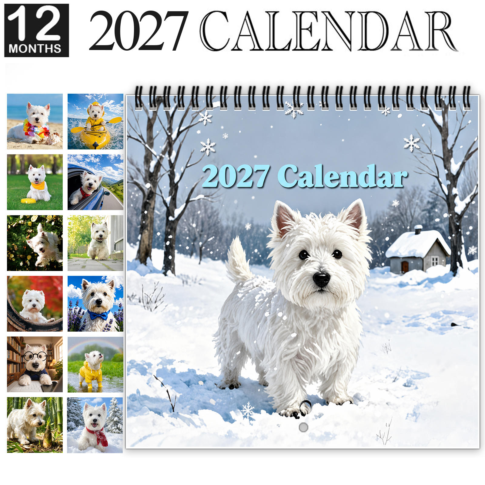 TEMU 1 pièce Calendrier mural 2027 West Highland , calendrier à spirale 12 mois avec grands de date inscriptibles, mettant en de adorables dans des