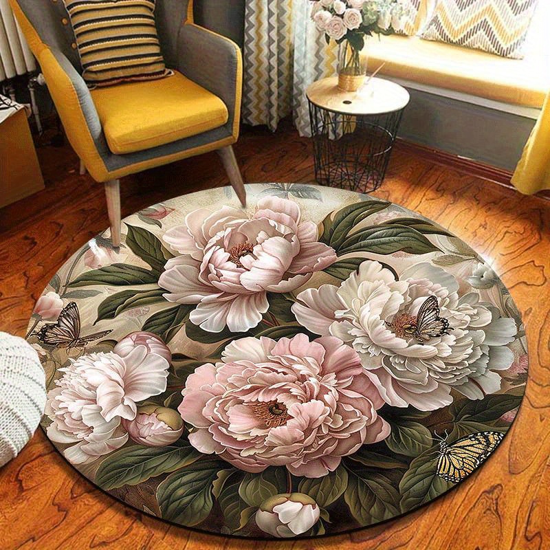 TEMU 2d Flat 1pc Romantic Peony And Round Floor Mat, Lightweight Nonslip Machine Washable, Home Decoration. A And Elegant Atmosphere, Suitable For
