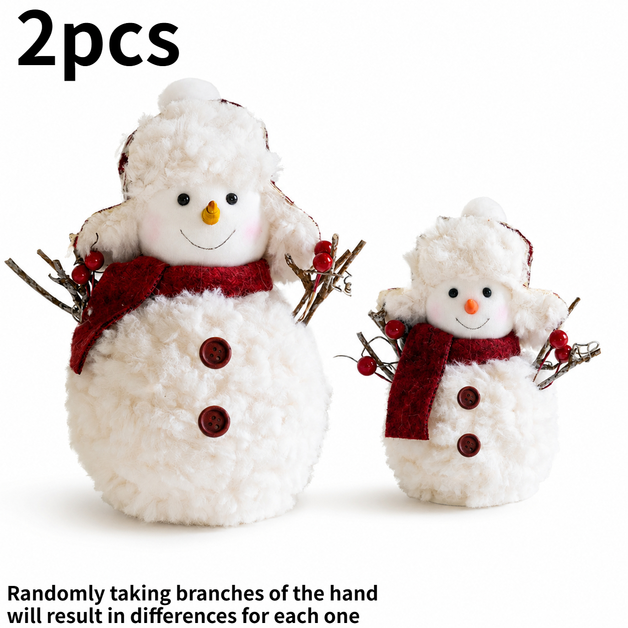 TEMU 2pcs Snowman Christmas Desktop Decoration Set, Soft And Fluffy Snowman Statue With Red Scarf Hat Jelly Fruit Branch, Dining Table, Desktop,