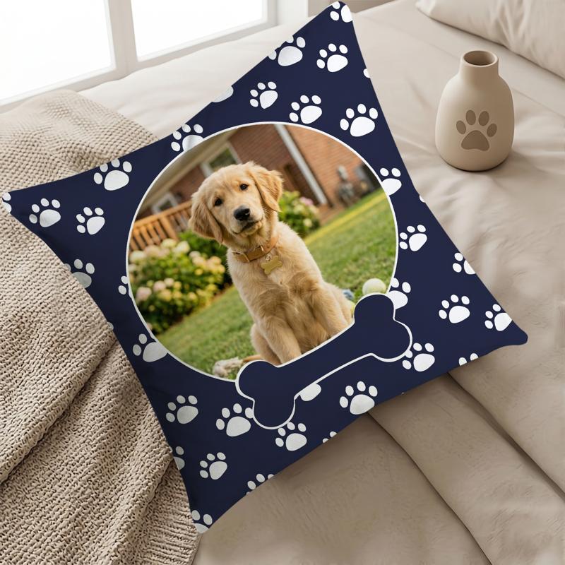 TEMU 1 Customizable Pillowcase Featuring Personalized Pet Photos Or Self- Images, With An Adorable Animal Paw Print Theme. Made Of Polyester With