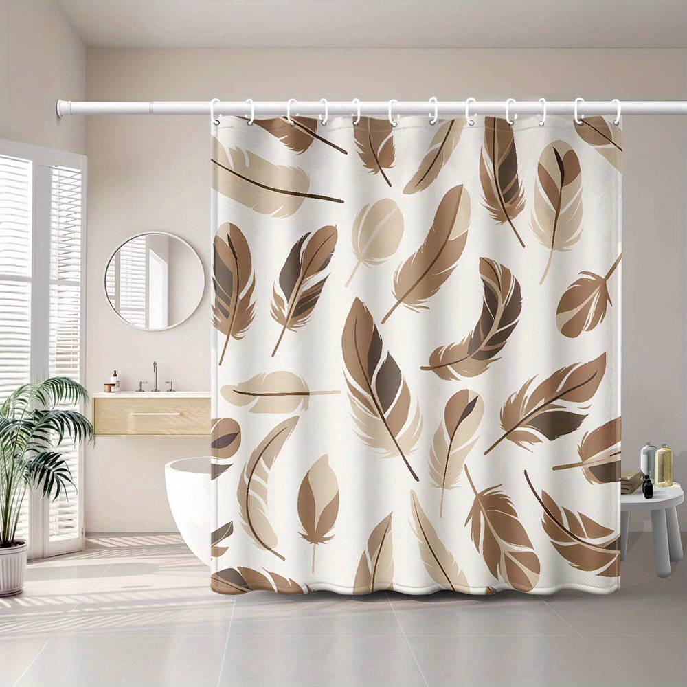 TEMU 1pc Brown Feather Polyester Printed Shower Curtain, Plant Pattern Bathroom Home Decor With Plastic Hooks Suitable For Machine Washable Window
