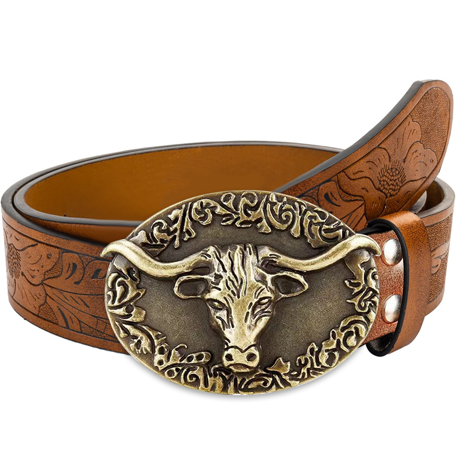 TEMU Western Cowboy Men's Belt - Irregular Pattern Carved Floral Longhorn Smooth Women's Faux Leather Belt - Country Music Festival Riding Belt