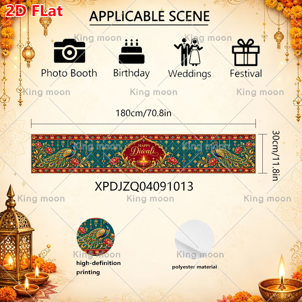 TEMU 2d Flat Banner 1pc, Diwali Party Decorative Table Runner, Polyester Material, 180x30cm, Teal Background, Details And Central Frame, Rich Ethnic