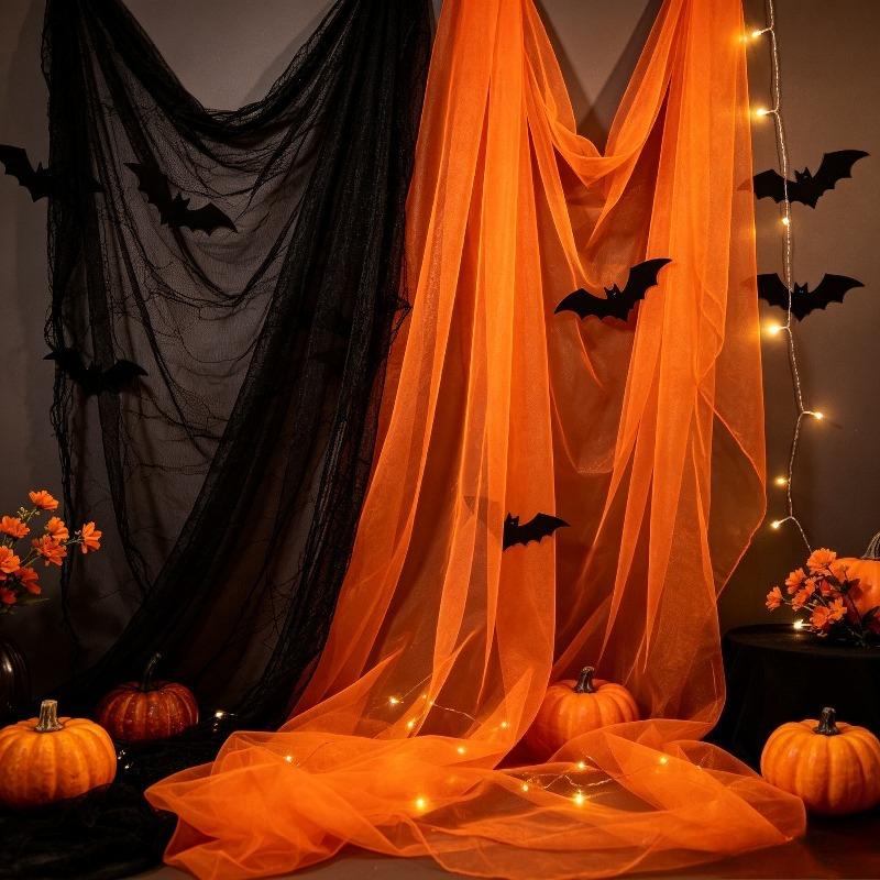 TEMU 2er-Set Schwarz-Orange Halbtransparenter Polyester Hintergrund Mesh für Halloween- und Partydekoration, für Ritualbögen, Deko, Weiche Textur,