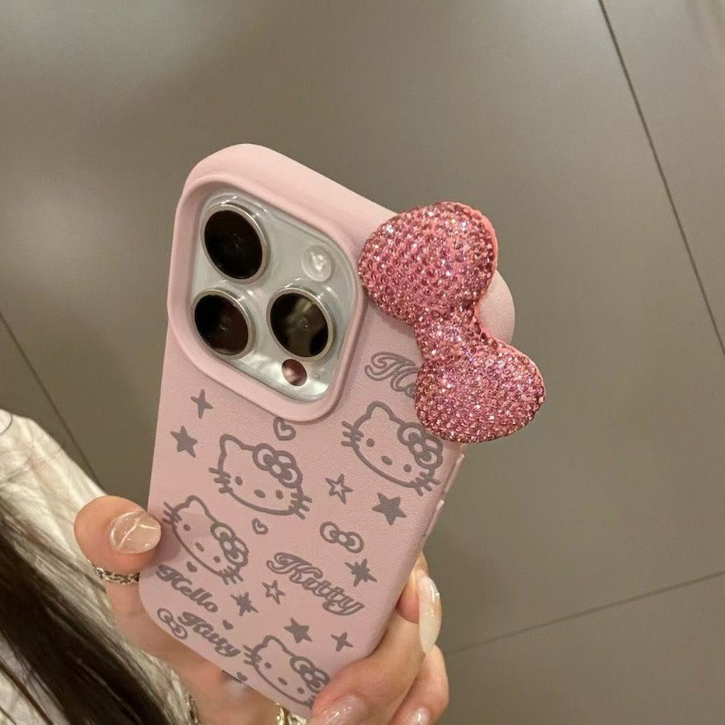 

Sanrio High-end Diamond Bow Phone Case Suitable For Iphone 11 12 13 Pro Max Xs Max Xr Xs Pink Hello Kitty Suitable For Girls Phone Protective Case