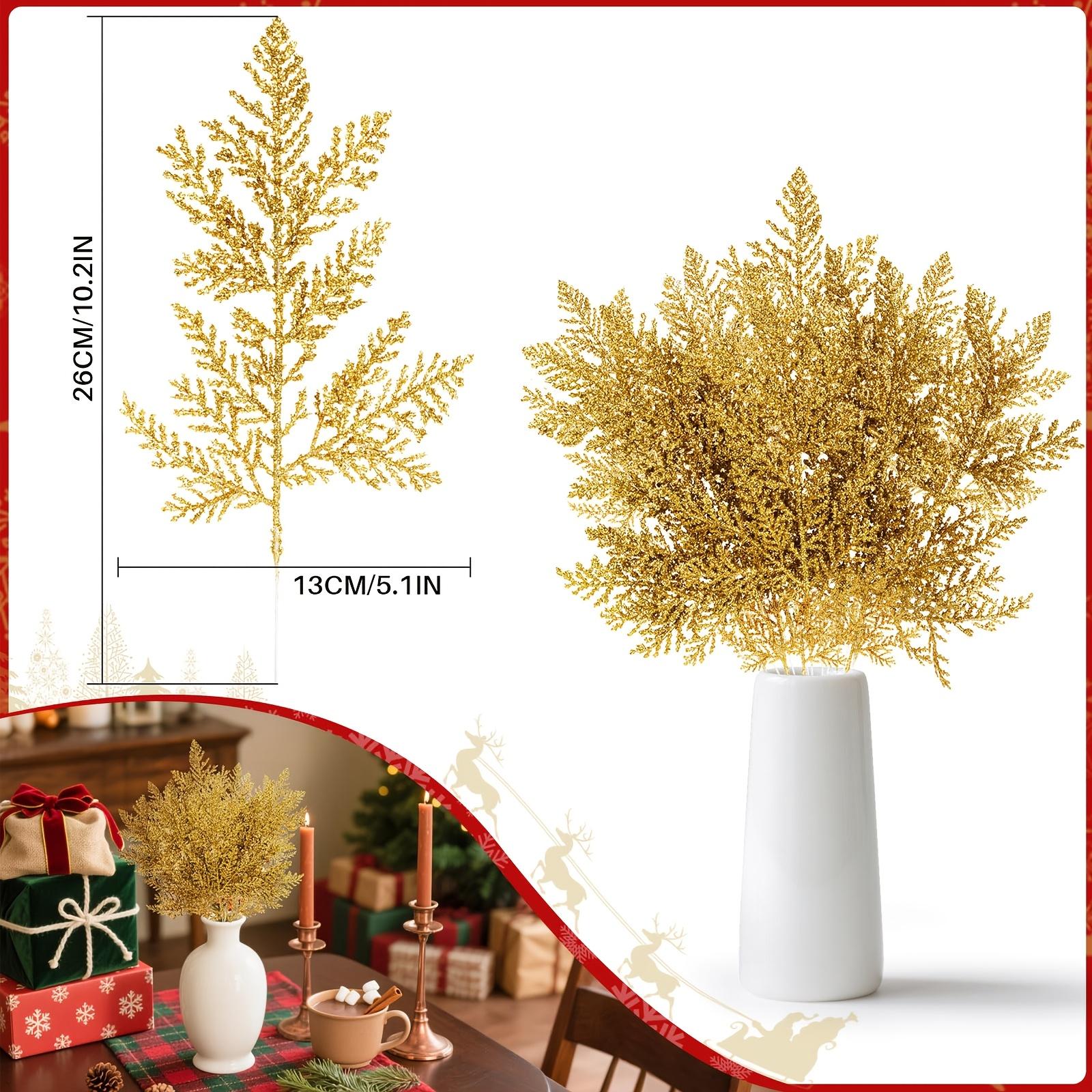 TEMU 16pcs Golden Glitter Artificial Cedar Branches, Glittery Golden Faux Pine For Christmas Tree Decorations, Fireplace Mantel Arrangements, Table