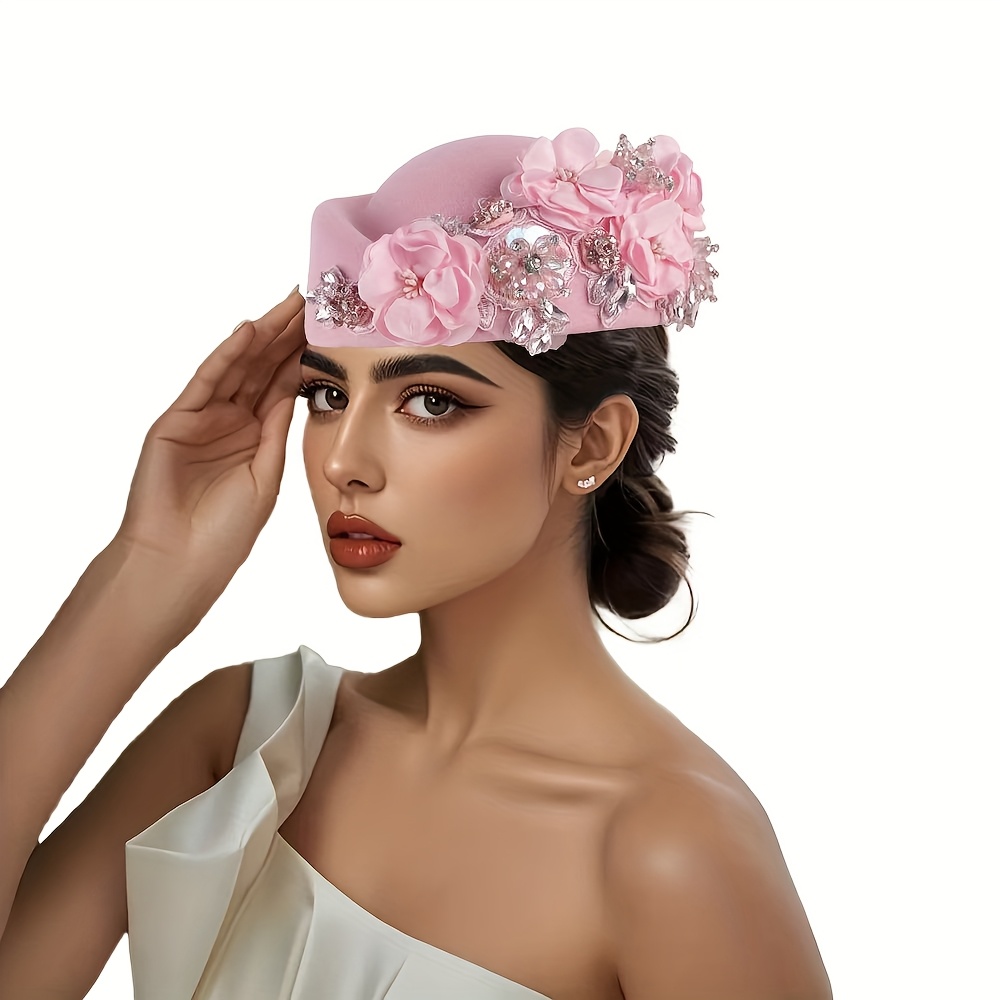 TEMU Elegant British Floral Beret For Women| Fashionable Beret With Sparkling Pink And White Flowers, Non-stretch, Perfect For Weddings, Parties, And