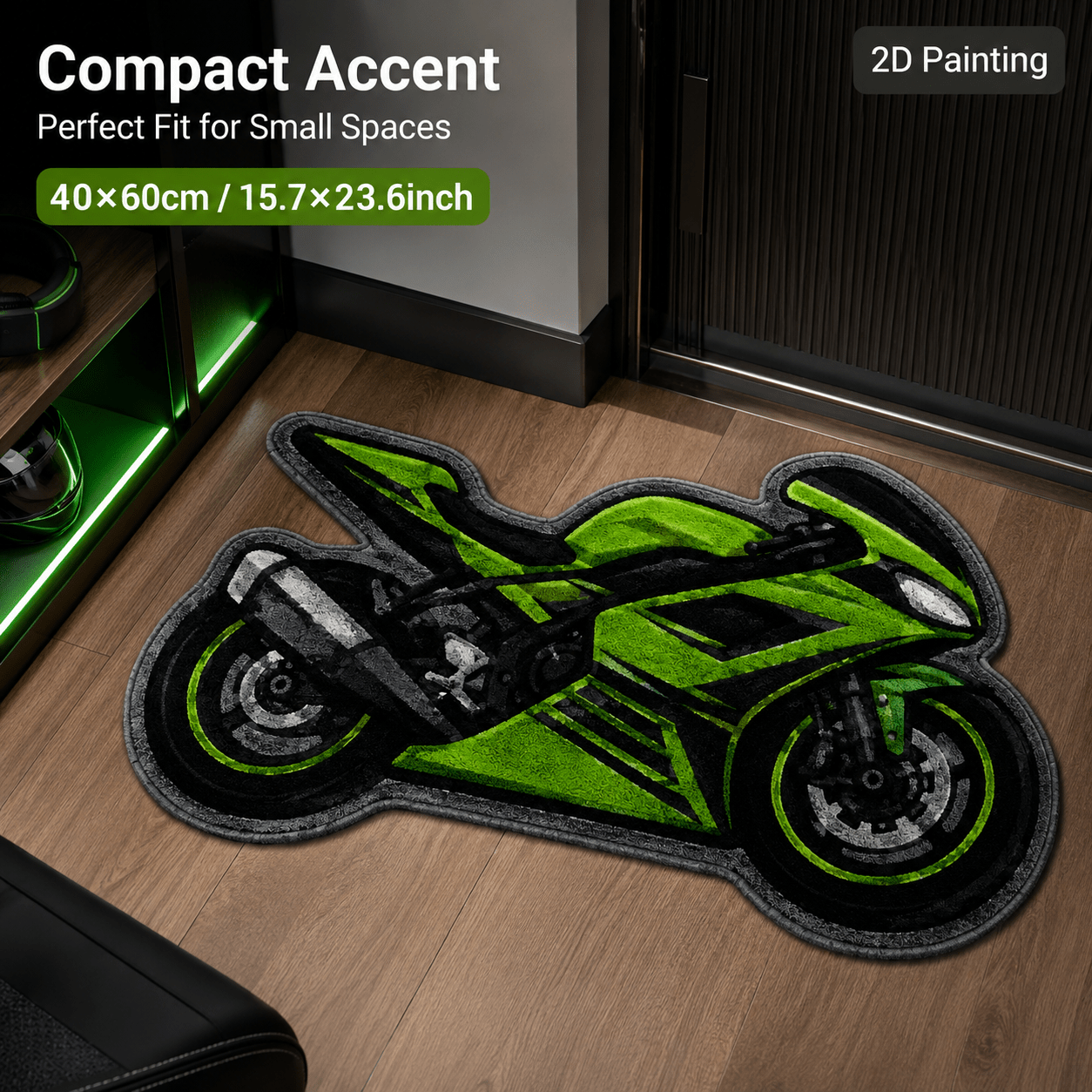 TEMU 1pc 2d Painting 850g/m² Velvet Doormat, Simulated Motorcycle Shape With Unique Irregular Design, Cool And Trendy Green And Track Motorcycle