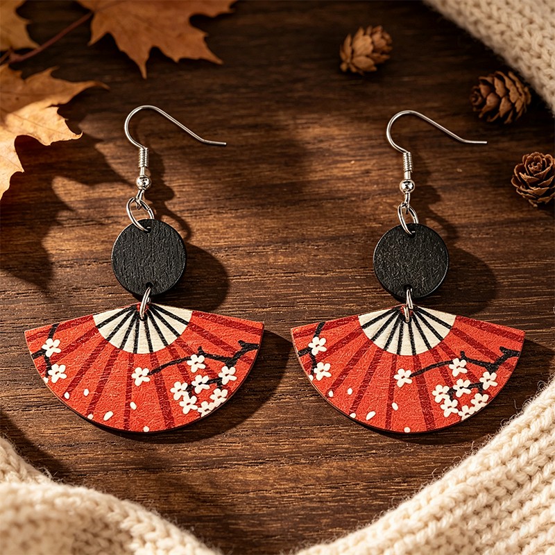 TEMU 1 Pair, Autumn Winter Style Earrings, Oriental Ancient Style Creative Plum Round Pendant Earrings, Wooden Material, Women's Fashion Dangle