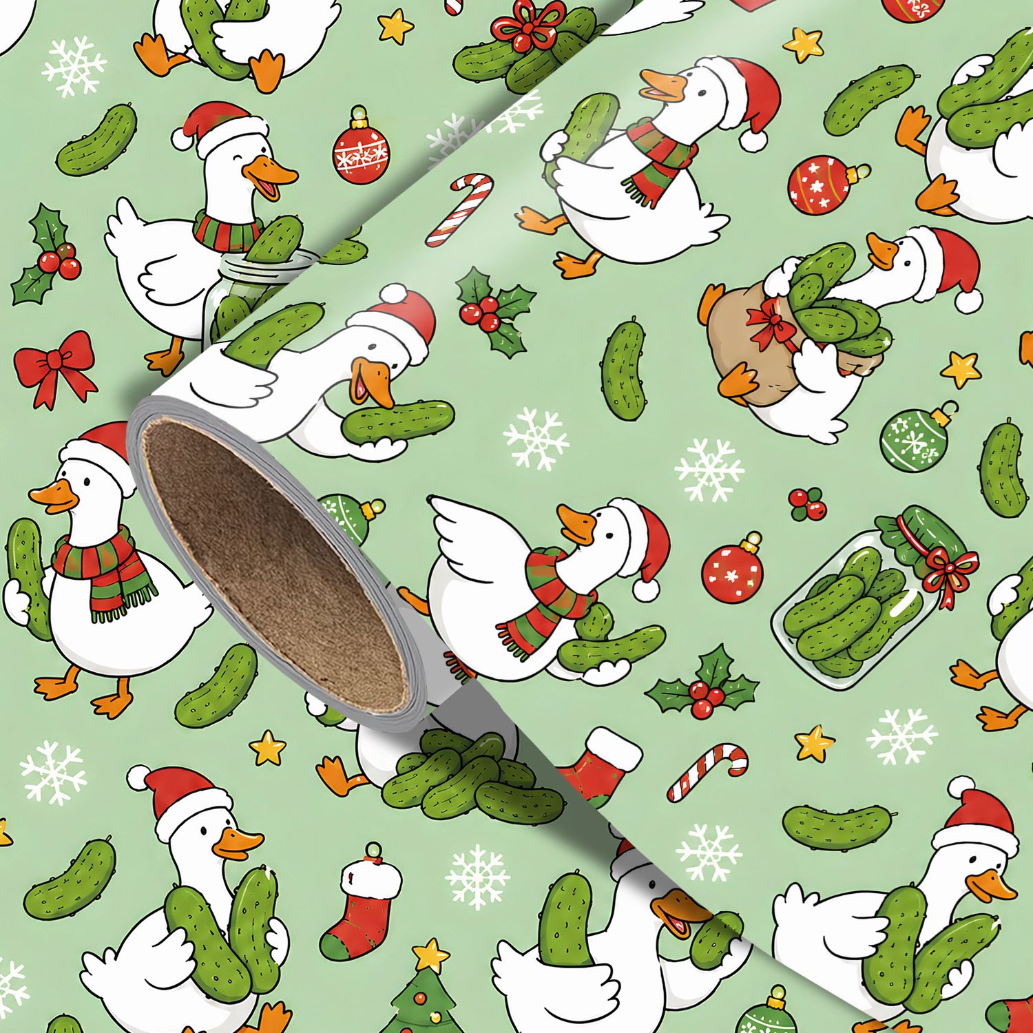 TEMU Rouleau de Noël canard amusant - 17.7 X 118 pouces, de Noël avec des canards de Noël, des cornichons, des sucettes et un motif d'ornements de