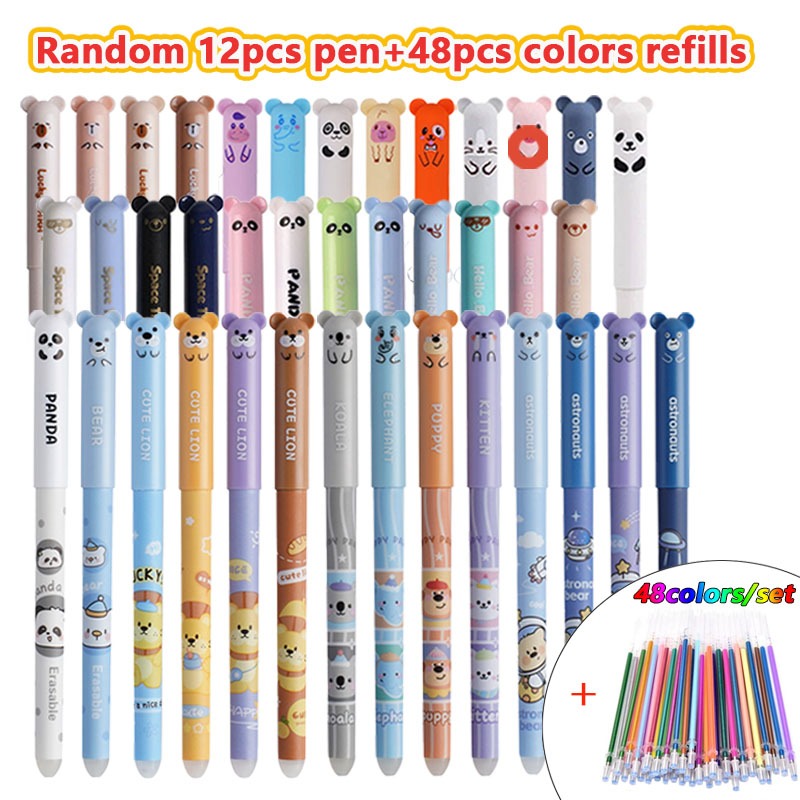 Image of 36pcs/48pcs/60pcs-pack: 48 Color Random Gel Pen 12 Blue Erasable Pen, 0.5mm Fine Tip, Writing Pens With Built-in Eraser, Ideal For Note-taking, Writing, Perfect For Office, School, And Home Use