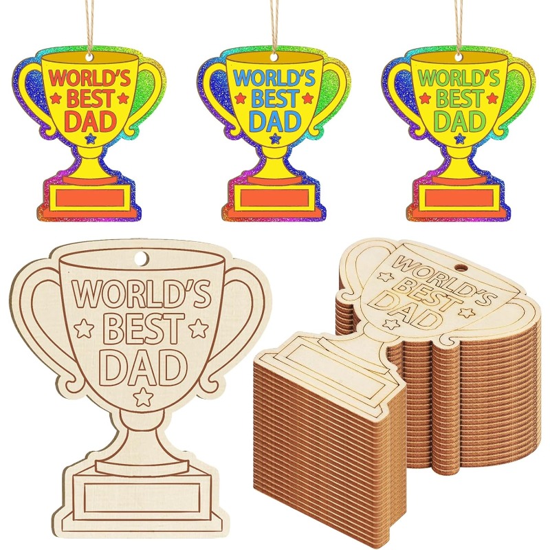 TEMU 24pcs Wooden Father's Day Craft Ornaments, Painted, Best Dad Diy Blank Unfinished Wood Cutouts, Father's Day Crafts, Birthday Party Hanging