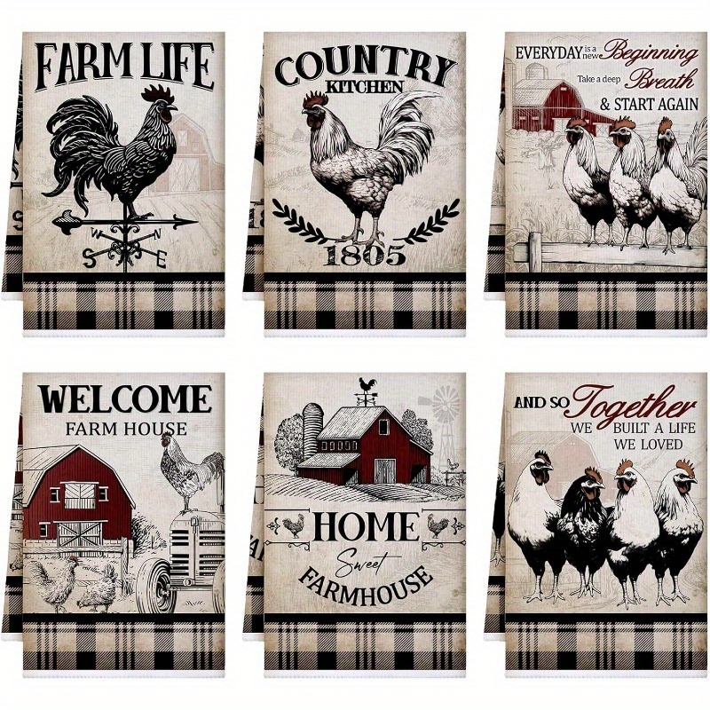 

6pcs Polyester Kitchen Towels - 18x26" Farmhouse Designs, Fall, Thanksgiving, Halloween, Christmas Decor, Chicken Decor