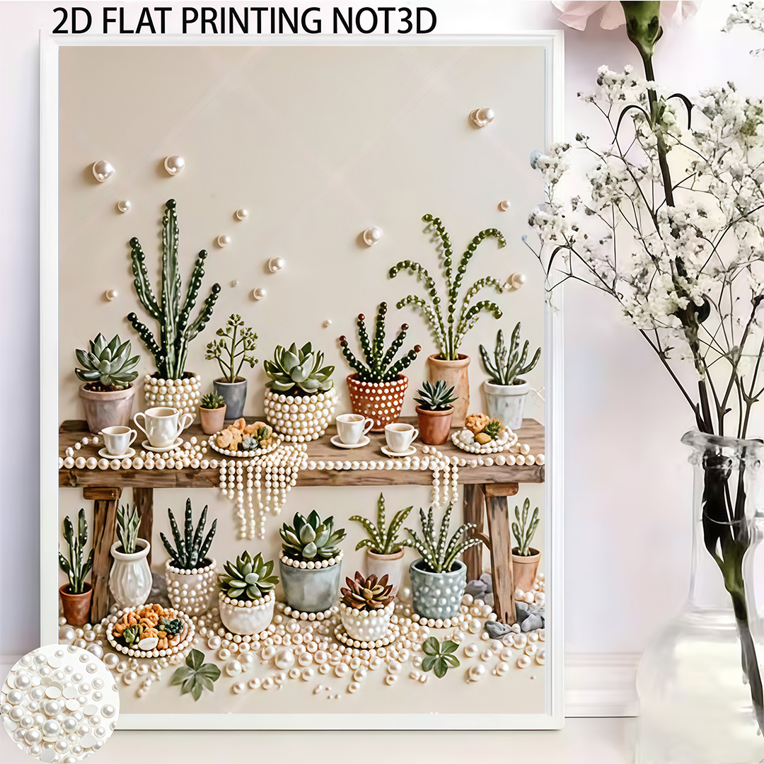 Image of Painting, Featuring Fresh Succulent Green Plant Pearl Potted Design | 5d Pearl Painting Kit Suitable For Home Desktop Decoration Art, Ideal Gift For Housewarming And Home, Helping Relax
