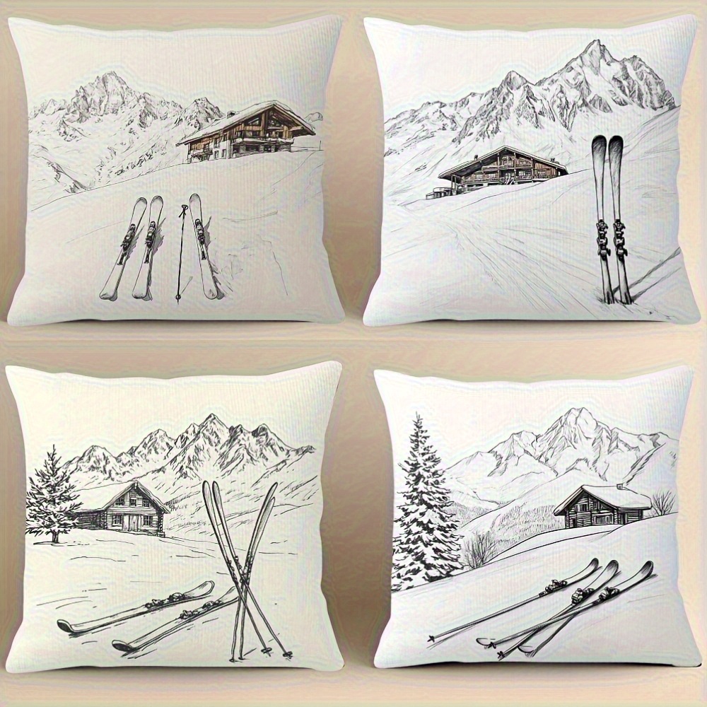 TEMU 4pcs, Winter Pillowcase, Mountain, Chalet, Ski Printed Cushion Cover, Sketch Style, Single Side Printing, Washable Zipper Closure, No Pillow