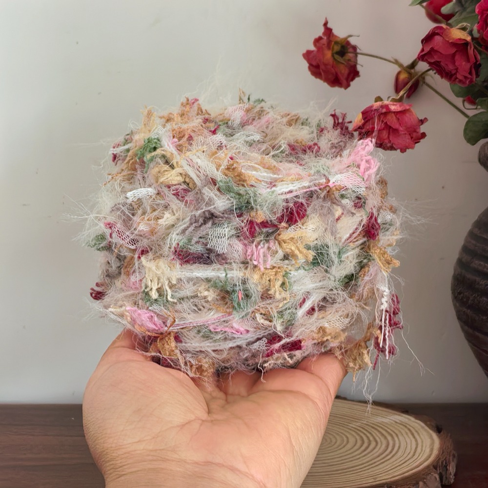 TEMU 50g Per Piece, Vintage Hand-mixed Yarn With Tea-stained Roses, Featuring A Blend Of Pink, Coffee, White, And Green Fluffy Fibers. Soft And Plush