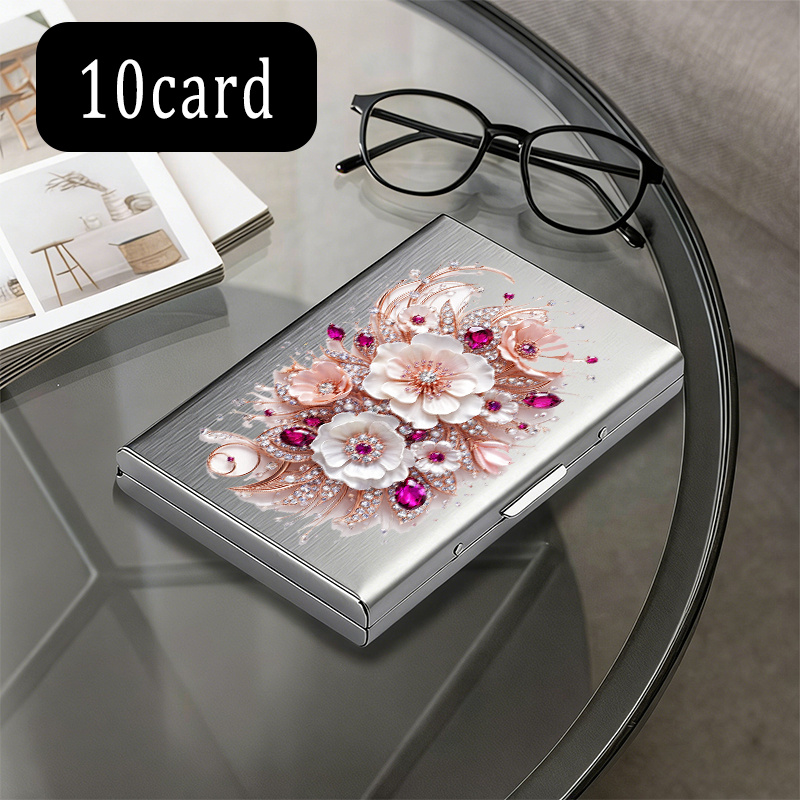 TEMU Porte-cartes antivol RFID haut de gamme en acier inoxydable, fleur, perle, bijou, , surface polie avec extrémité métallique, peut contenir 6 ou