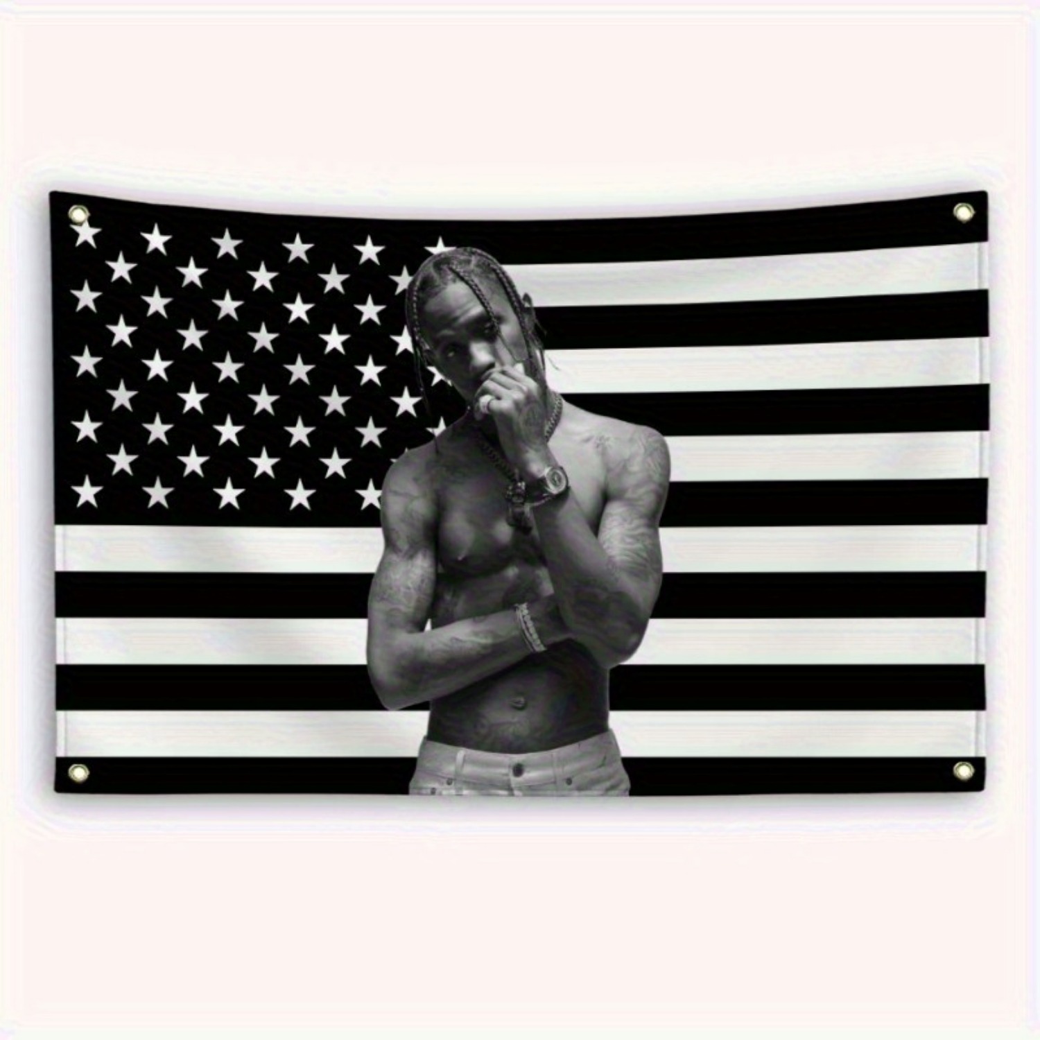 TEMU 1pc, T- American Flag Banner, 91.44x152.4cm, Suitable For Garage, Office, Outdoor, Indoor Decoration, Black And White Stars, Patriotic Decor,