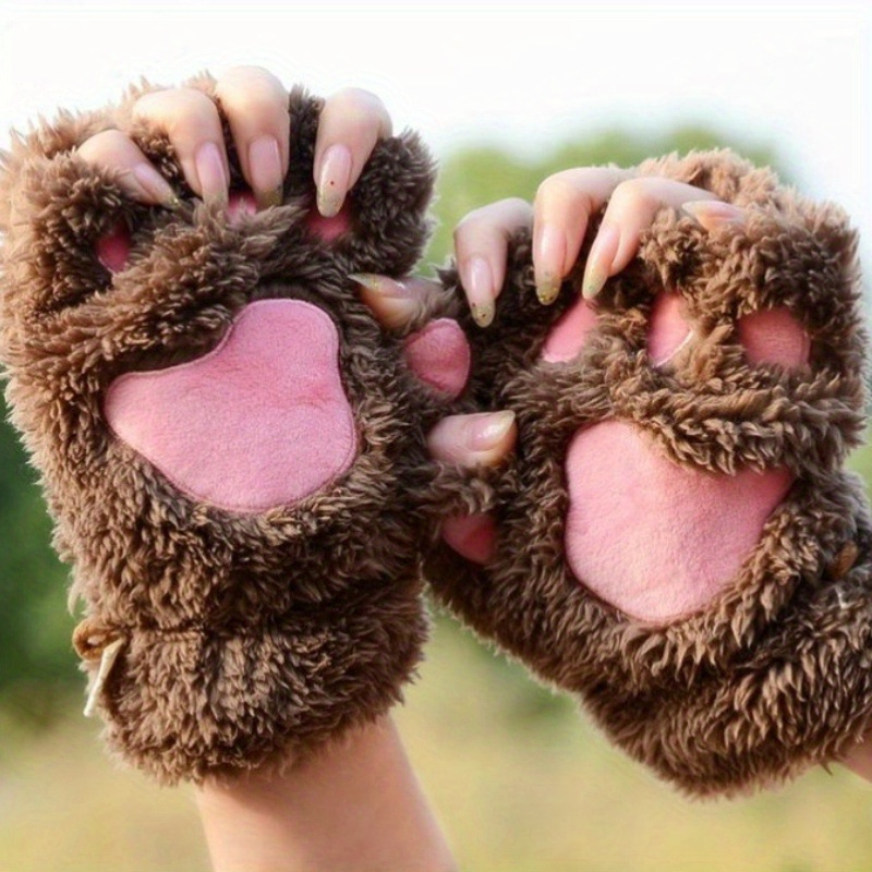 artikel foto 1 paar zachte en schattige vingerloze handschoenen met kattenpootjes, verdikt lamspluche met berenpootafdrukontwerp, voor studenten, kantoorwerk, typen en touchscreengebruik zonder vingertoppen te bedekken, herfst/winter buitenfotografie, schattige  , koudebestendige, warme en polsbeschermende