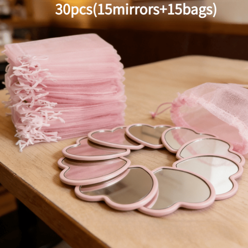 Image of 30pcs Heart-shaped Mirrors With Bags, Suitable For Travel, Wedding Gifts & Korean Skincare Routine - Pink Ribbon Compact Lightweight Portable With Polished, Decorative Suitable For Decor, Gifts For