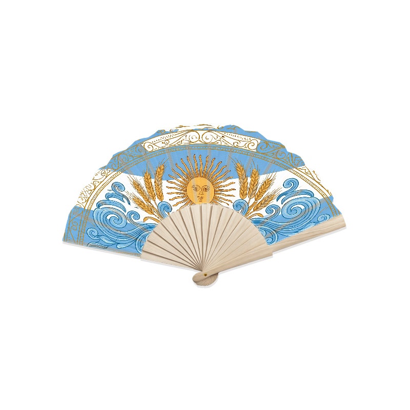 TEMU Decorative Flag Themed Craft Fan, Featuring Light Blue Sun Of May Pattern With Golden Details, 1pc Natural Wood Frame, Decor Piece For Family