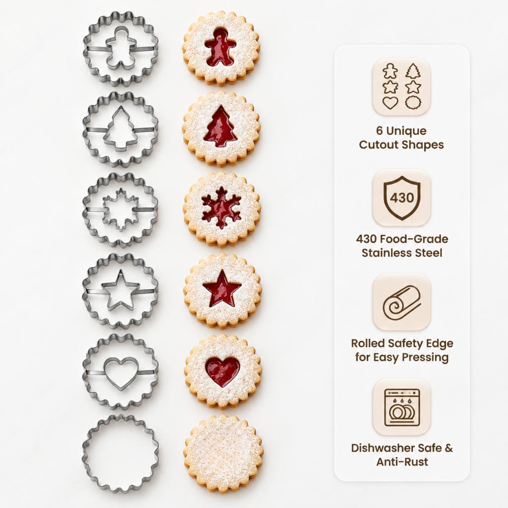 TEMU Set di 6 per biscotti ondulate 3D ripiene di marmellata, acciaio inossidabile 430, stampini interni a forma di omino di pan di zenzero/albero di