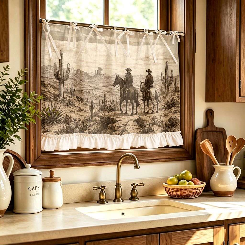 TEMU 2d Flat - 2d Flat - 1pc Oven Door Curtain, Kitchen Home Decor, Stove Range Cover Curtain Valance, 2d Printed 2 On Horses Overlooking Desert