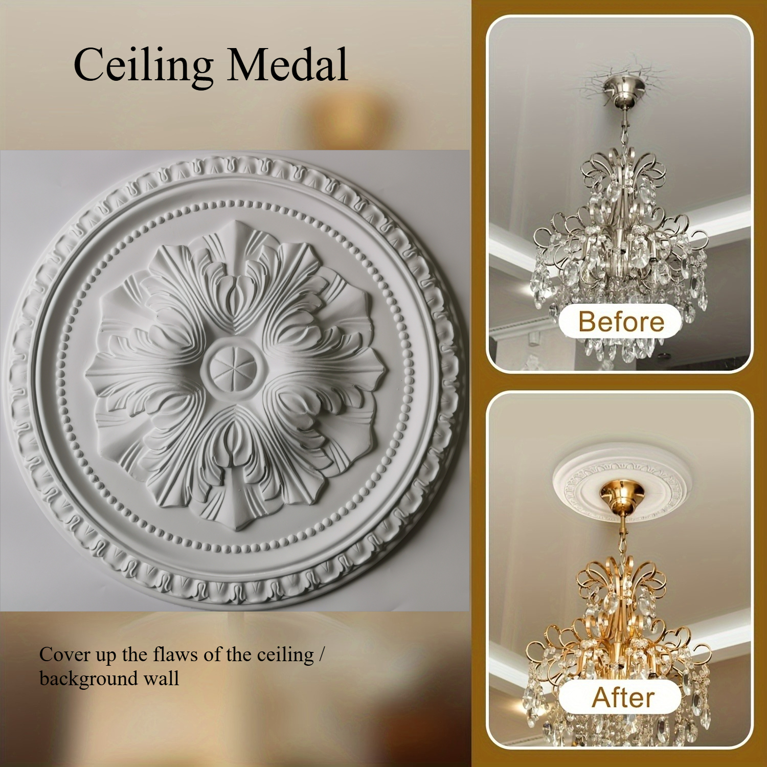 Large 3D Sculpted Ceiling Medallion, Classic Round Shape