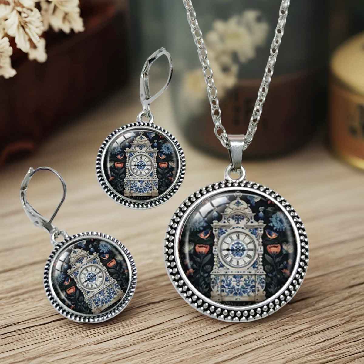 3pc Vintage Clock & Floral Design Earrings and Necklace Set