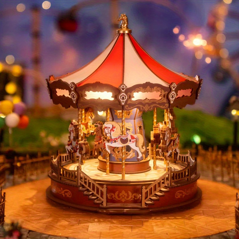 TEMU Classic Carousel Music Boxes Easy Assemble 3d Wooden Puzzle Moveable Xmas Gifts For Adults Amc01