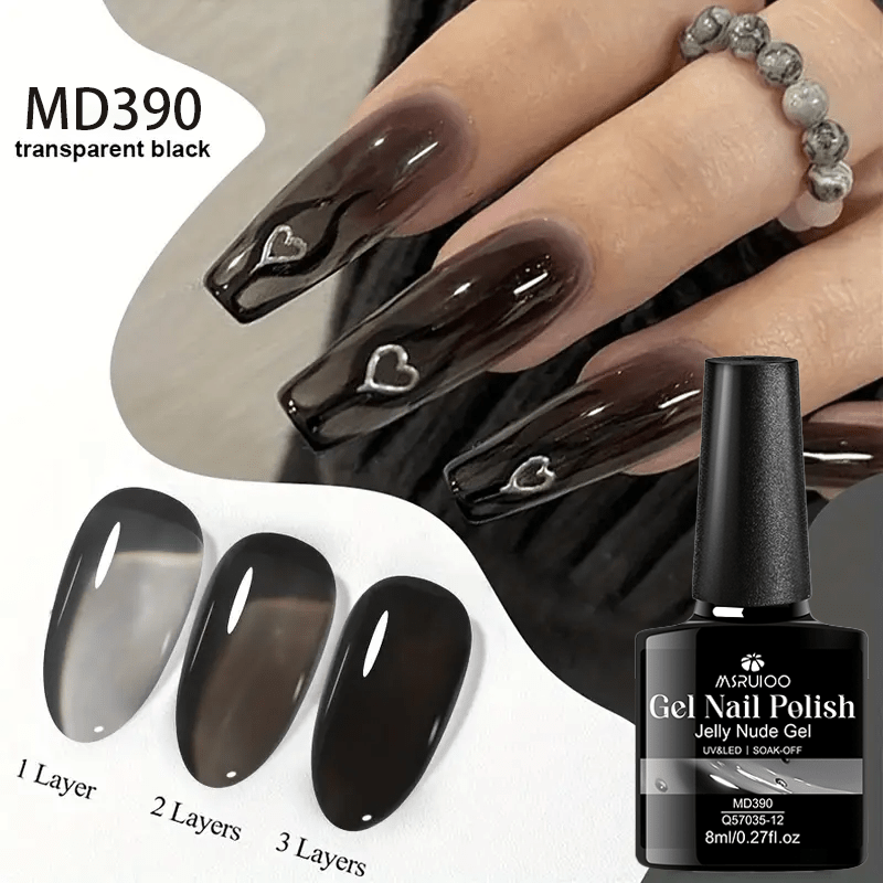 Image of Msruioo 1pc 8ml Black Gel Nail Polish - Glossy End, Soak Off Led/, Alcohol-free - Long-lasting Polish For Manicure, Japanese & Korean Style Nail Art Gift For Women, Elegant Nail Design