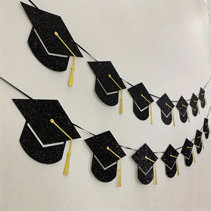Image of 2pcs (2 Strings/pack) Graduation Season Banner, University Graduation Ceremony Decoration Banner, Black And Golden Graduation Cap Banner, Graduation Party Decoration Supplies
